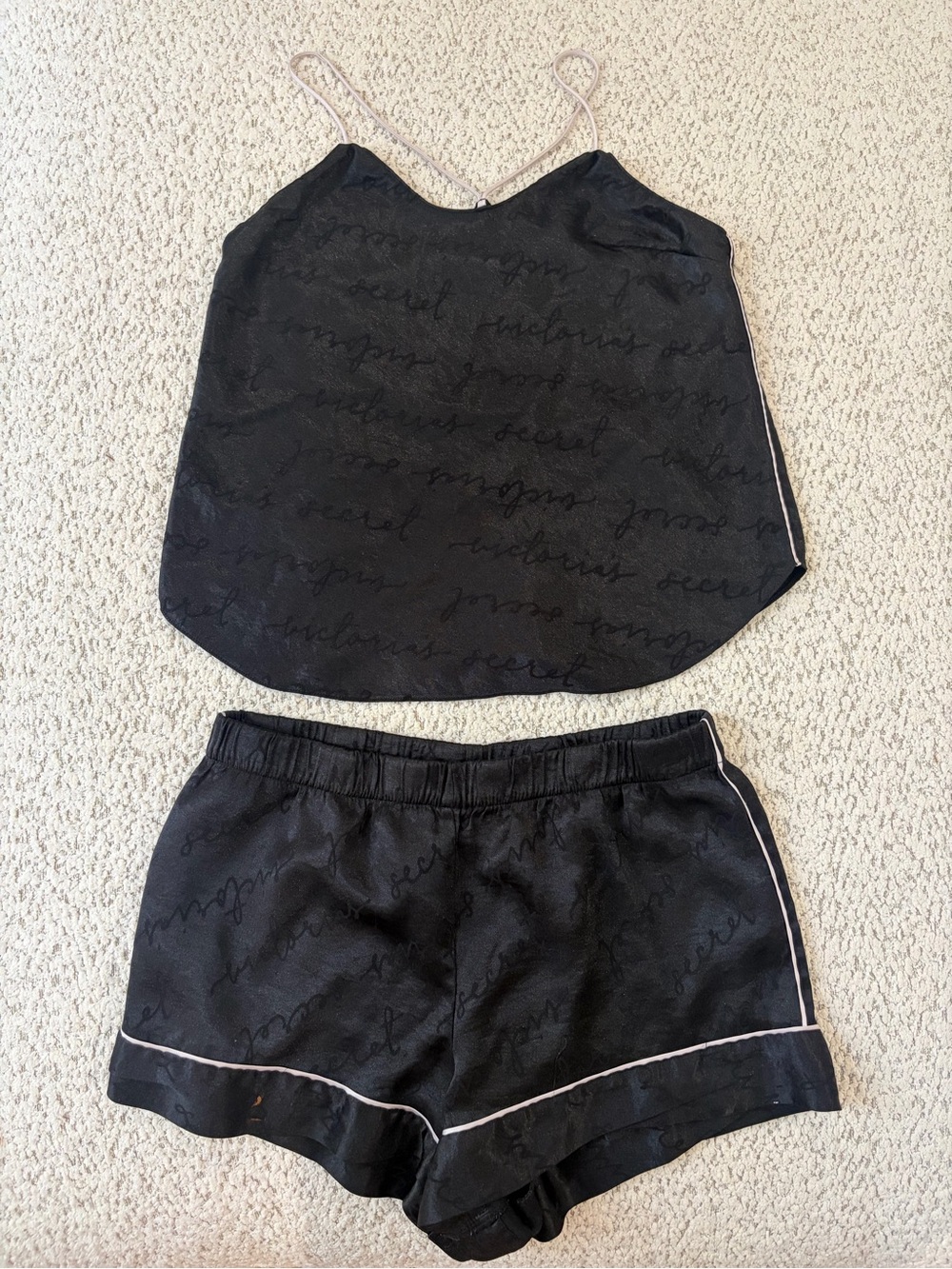 Victoria's Secret Black Satin Cami & Short Pajama Set with Pale Pink Trim